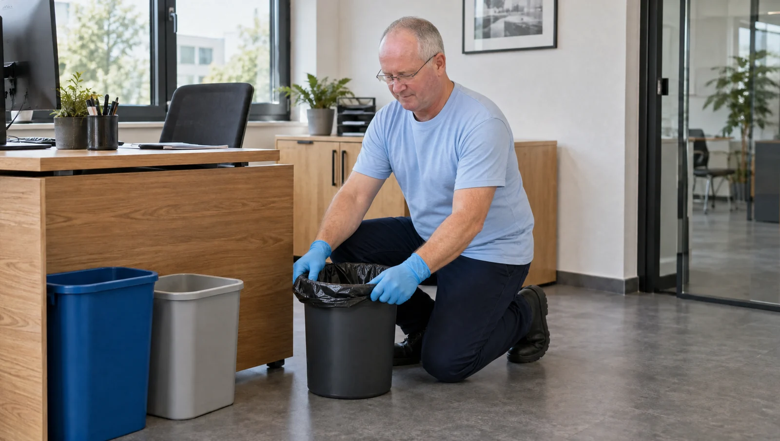 Eine Reinigungskraft wechselt den Müllbeutel eines Büropapierkorbs.