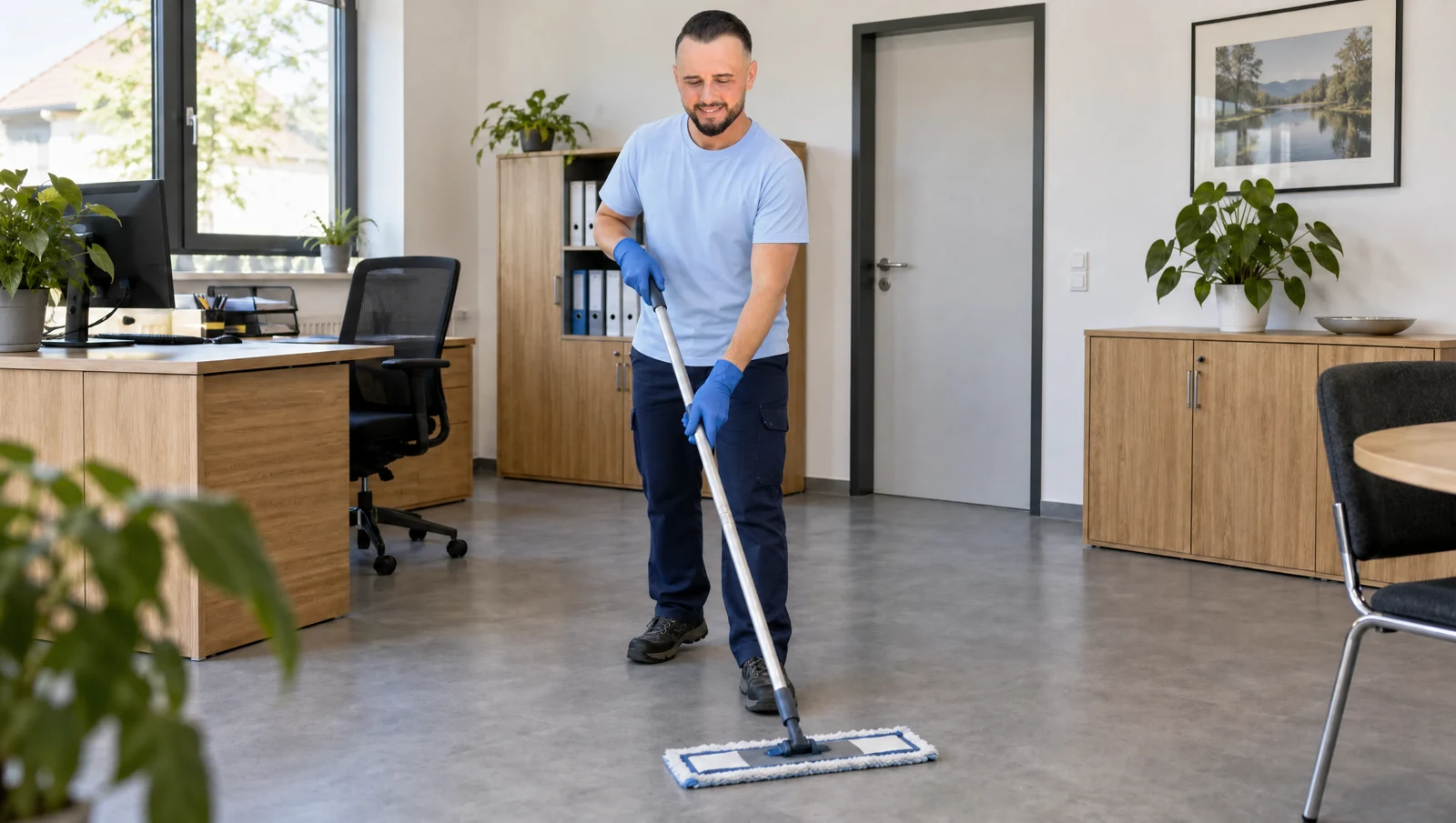 Eine Reinigungskraft wischt einen Hartboden mit einem flachen Wischmopp.