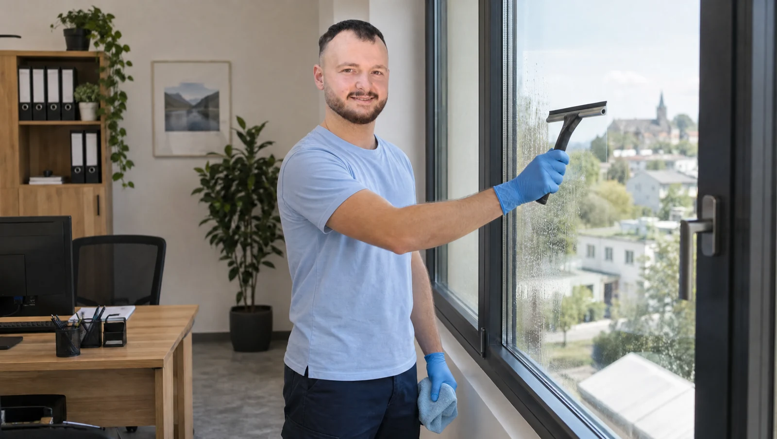 Eine Reinigungskraft zieht eine Fensterscheibe mit einem Fensterabzieher ab.