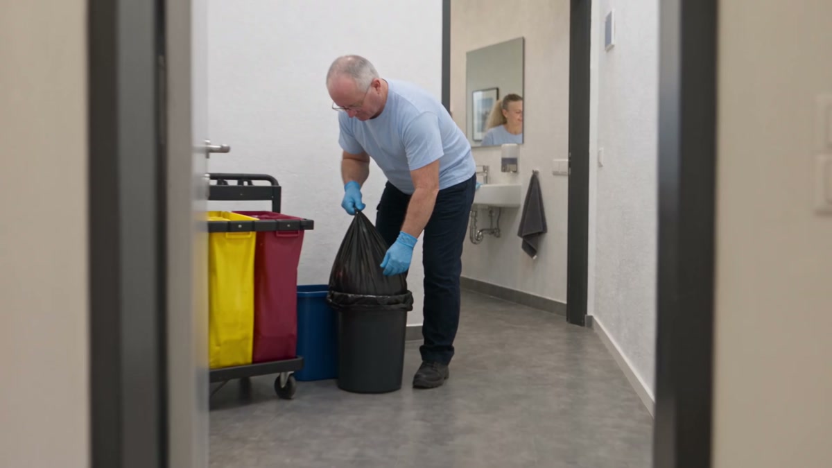 Eine Reinigungskraft wechselt den Müllbeutel eines Büropapierkorbs.