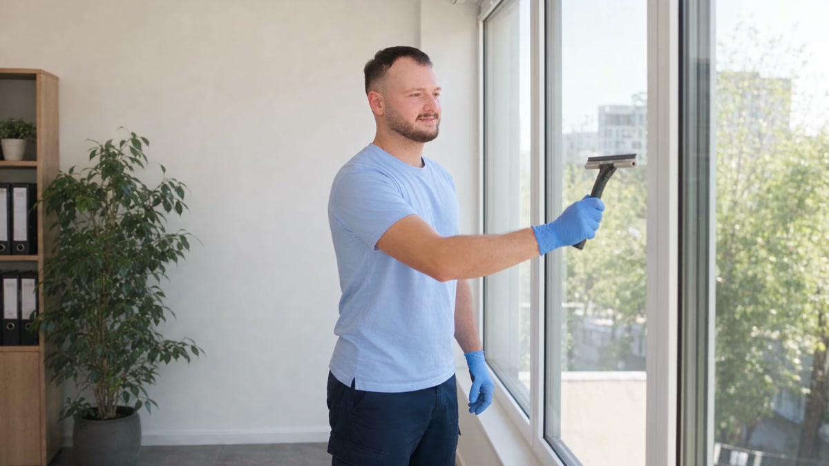 Eine Reinigungskraft zieht eine Fensterscheibe mit einem Fensterabzieher ab.