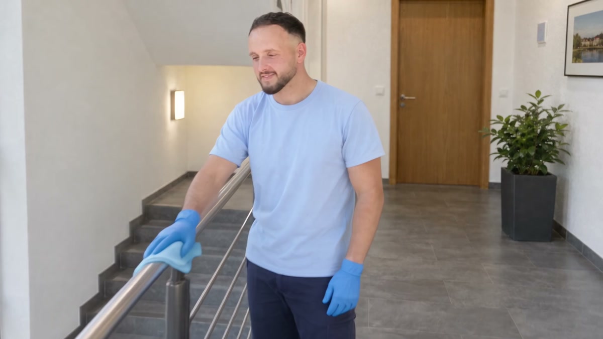 Eine Reinigungskraft wischt den Handlauf einer Treppe ab.